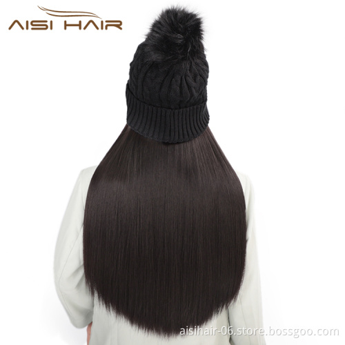 Aisi Hair Synthetic Black Long Straight Silky Cap Hair Knit Slouchy Hat Fiber Hair Extension With Cap For Black White Women